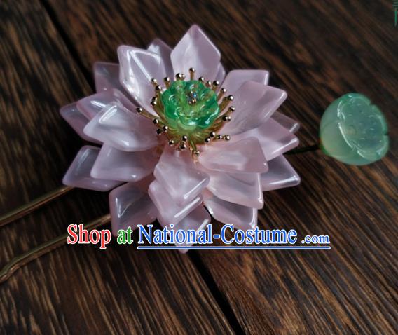 China Ancient Princess Coloured Glaze Hairpin Traditional Ming Dynasty Pink Lotus Hair Stick