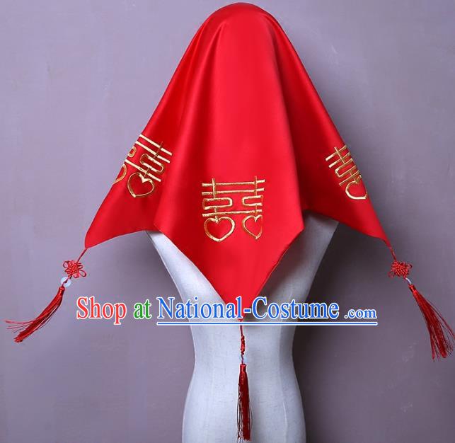 Chinese Traditional Wedding Headdress Classical Xiuhe Suit Accessories Red Satin Bridal Veil