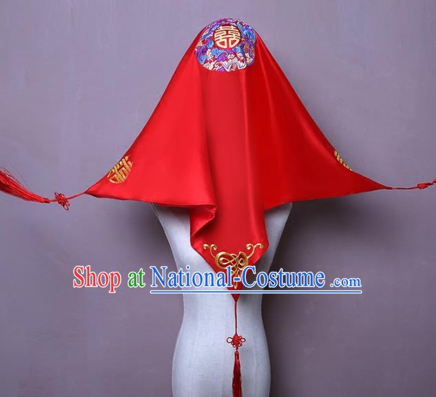 Chinese Embroidered Bridal Veil Traditional Wedding Headdress Classical Xiuhe Suit Red Satin Accessories