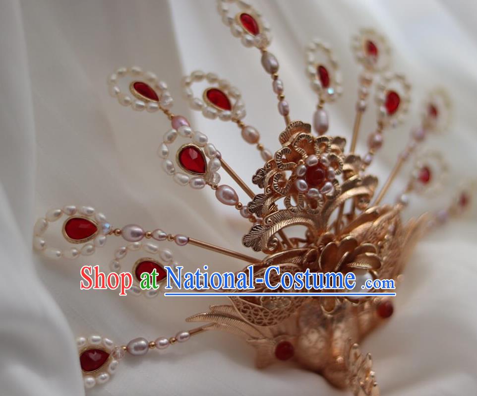 China Ancient Empress Pearls Hairpin Traditional Ming Dynasty Golden Phoenix Hair Crown