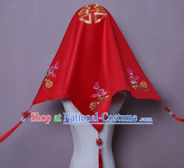 Chinese Embroidered Rose Bridal Veil Classical Xiuhe Suit Red Satin Accessories Traditional Wedding Headwear