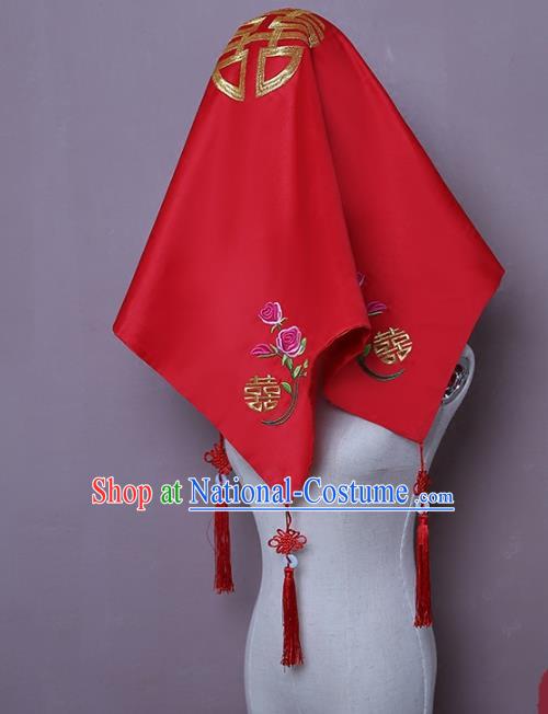 Chinese Embroidered Rose Bridal Veil Classical Xiuhe Suit Red Satin Accessories Traditional Wedding Headwear