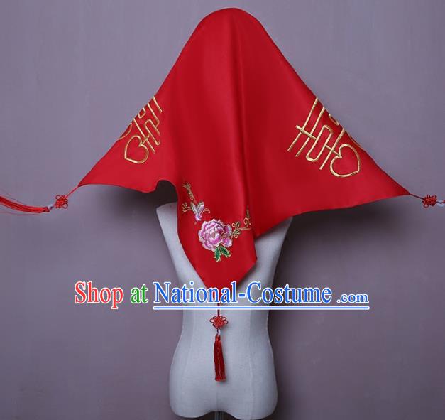 Chinese Classical Xiuhe Suit Red Satin Accessories Traditional Wedding Headwear Embroidered Peony Butterfly Bridal Veil