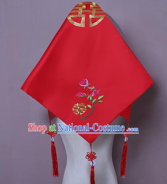 Chinese Embroidered Rose Bridal Veil Classical Xiuhe Suit Red Satin Accessories Traditional Wedding Headwear