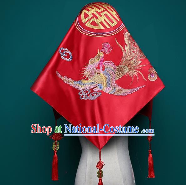 Chinese Traditional Xiuhe Suit Hair Accessories Classical Wedding Headdress Embroidered Phoenix Red Satin Bridal Veil