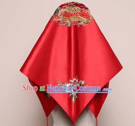 Chinese Traditional Embroidered Dragon Phoenix Red Satin Bridal Veil Classical Wedding Headdress