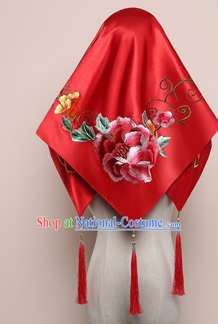 Chinese Traditional Embroidered Peony Bridal Veil Classical Wedding Headdress Red Satin Kerchief