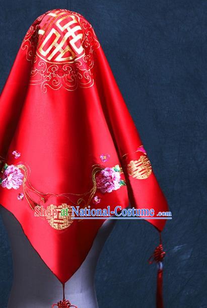 Chinese Wedding Red Satin Kerchief Traditional Embroidered Bridal Veil Classical Headdress