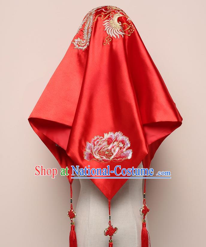 Chinese Wedding Red Satin Kerchief Classical Headdress Traditional Embroidered Phoenix Peony Bridal Veil