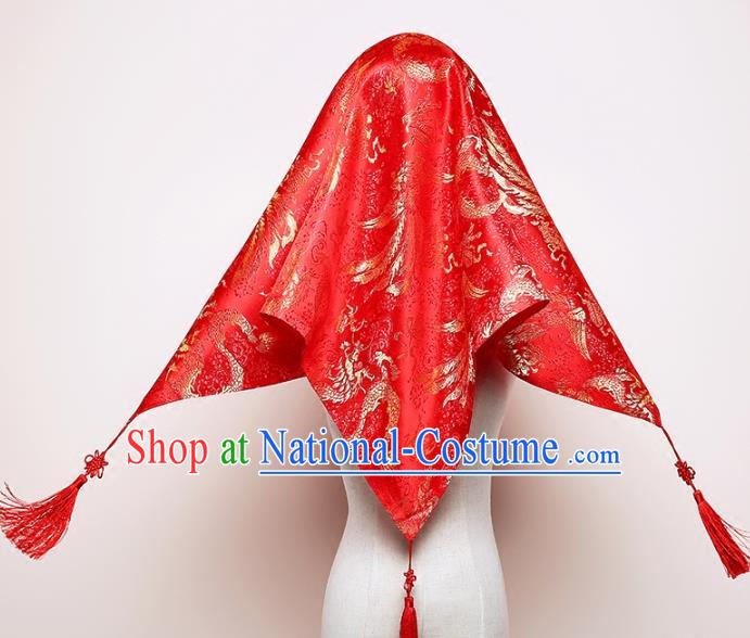 Chinese Classical Dragon Phoenix Pattern Headdress Traditional Bridal Veil Wedding Red Brocade Kerchief