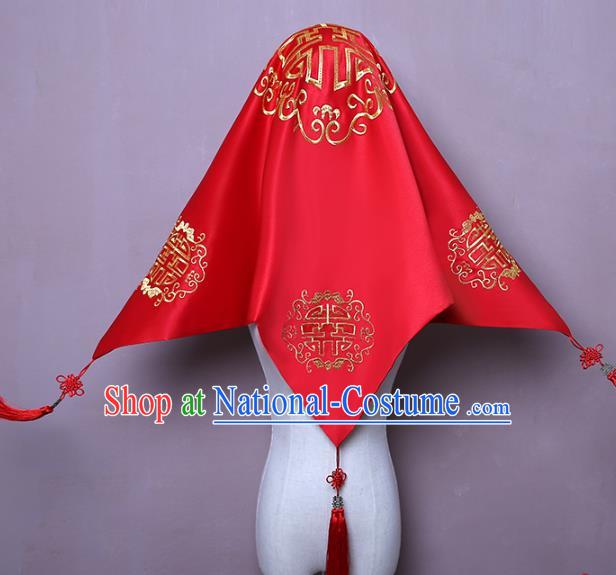 Chinese Embroidered Red Satin Bridal Veil Classical Xiuhe Suit Accessories Traditional Wedding Headpiece