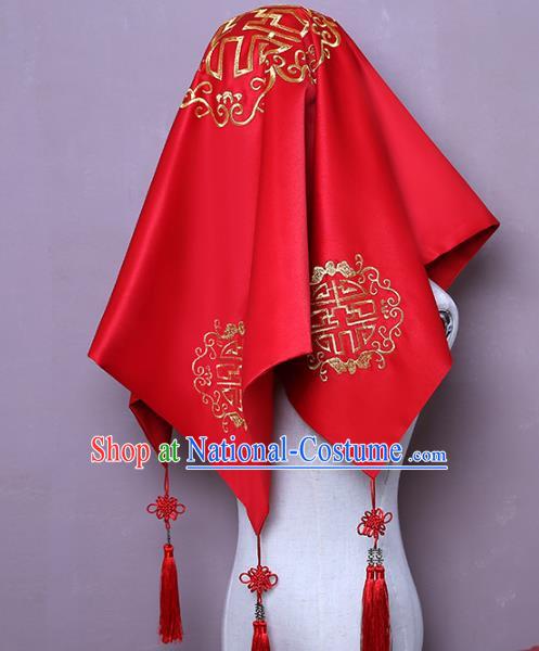 Chinese Embroidered Red Satin Bridal Veil Classical Xiuhe Suit Accessories Traditional Wedding Headpiece