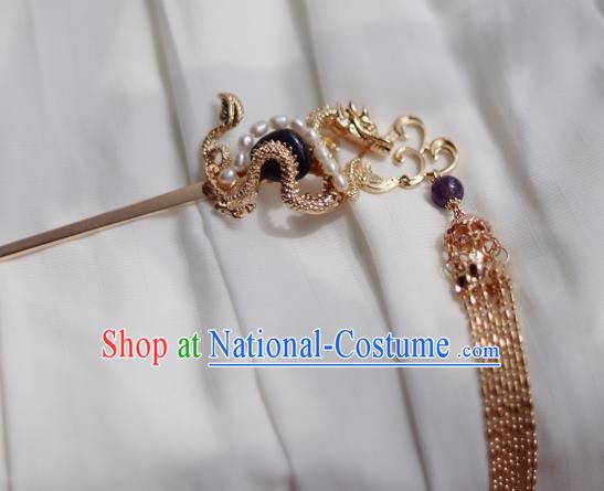 China Ancient Empress Amethyst Hairpin Traditional Ming Dynasty Golden Dragon Tassel Hair Stick