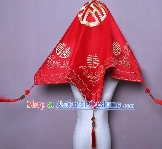 Chinese Classical Wedding Headpiece Traditional Xiuhe Suit Accessories Embroidered Red Satin Bridal Veil