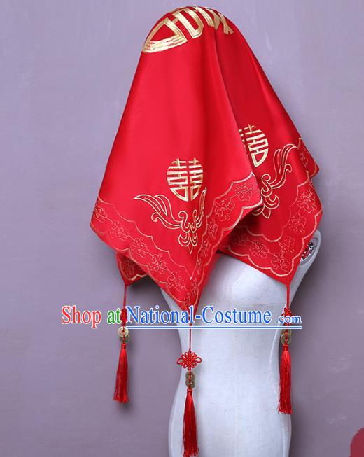 Chinese Classical Wedding Headpiece Traditional Xiuhe Suit Accessories Embroidered Red Satin Bridal Veil