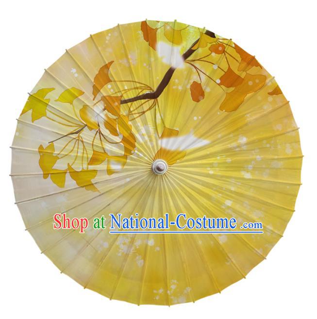 China Traditional Handmade Yellow Oil Paper Umbrella Classical Dance Painting Ginkgo Leaf Umbrella