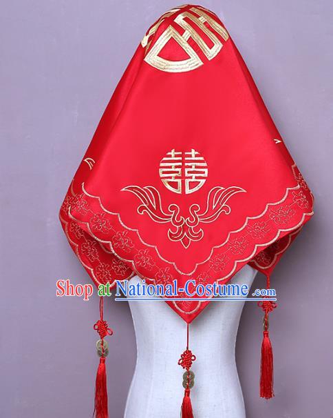 Chinese Classical Wedding Headpiece Traditional Xiuhe Suit Accessories Embroidered Red Satin Bridal Veil