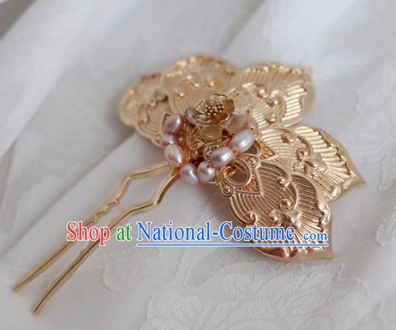 China Ancient Empress Golden Feather Hairpin Traditional Ming Dynasty Pearls Hair Stick