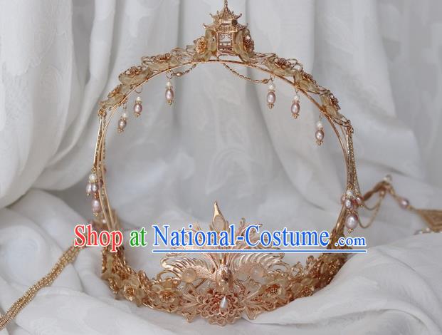 China Ancient Empress Golden Phoenix Coronet Traditional Ming Dynasty Pearls Tassel Hair Crown