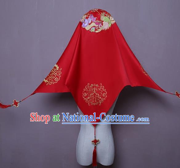 Chinese Traditional Xiuhe Suit Accessories Embroidered Phoenix Red Satin Bridal Veil Classical Wedding Headwear