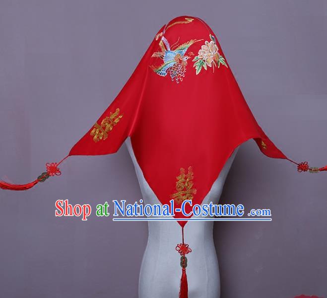 Chinese Embroidered Phoenix Peony Red Satin Bridal Veil Classical Wedding Headdress Traditional Xiuhe Suit Accessories