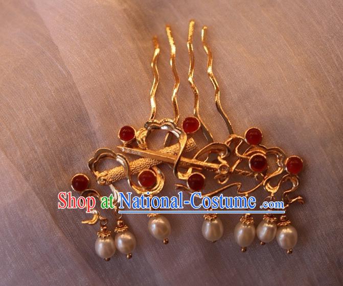 China Ancient Princess Golden Sword Hairpin Traditional Tang Dynasty Pearls Tassel Hair Comb