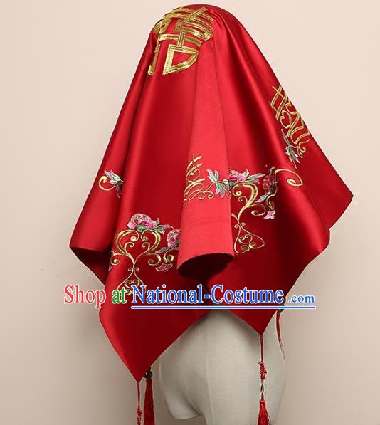 Chinese Classical Wedding Headdress Embroidered Red Satin Bridal Veil Traditional Xiuhe Suit Hair Accessories