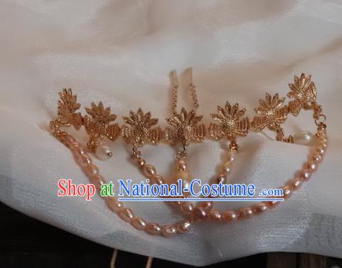 China Ancient Palace Empress Pearls Hairpin Traditional Ming Dynasty Golden Phoenix Hair Stick