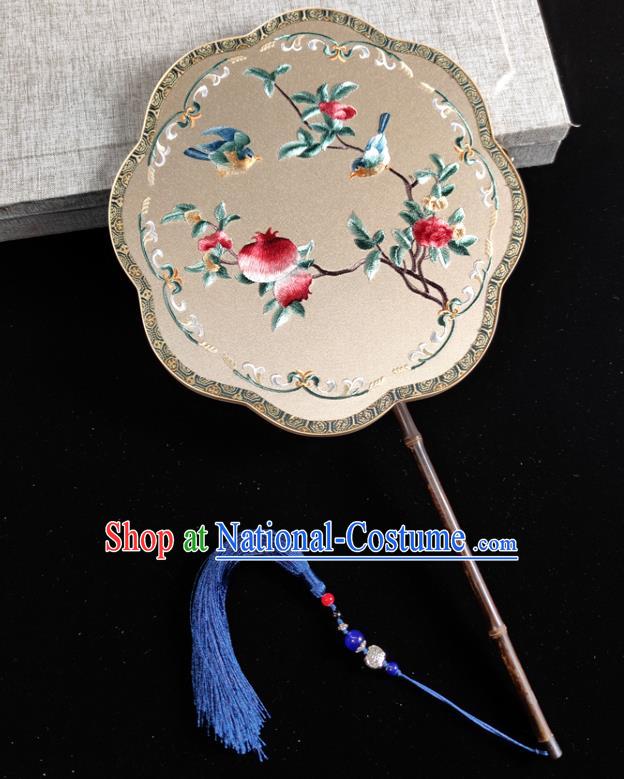 Chinese Traditional Song Dynasty Wedding Palace Fan Handmade Embroidered Pomegranate Silk Fan