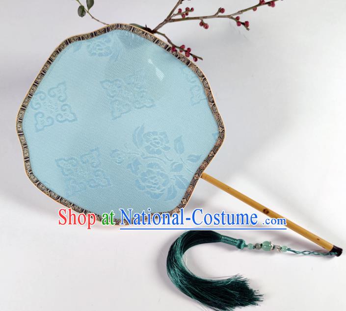 Chinese Handmade Jacquard Blue Silk Fan Traditional Ming Dynasty Princess Palace Fan