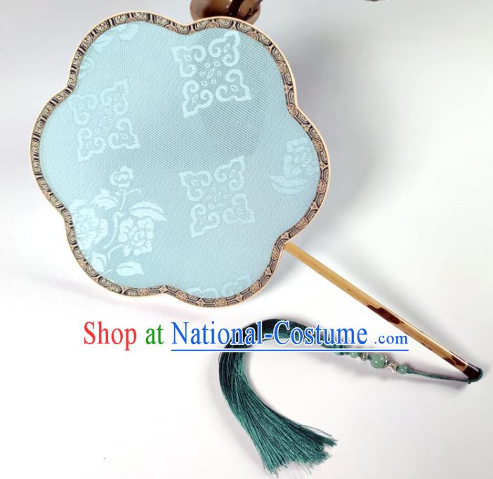 Chinese Traditional Hanfu Fan Palace Fan Handmade Jacquard Blue Silk Begonia Fan