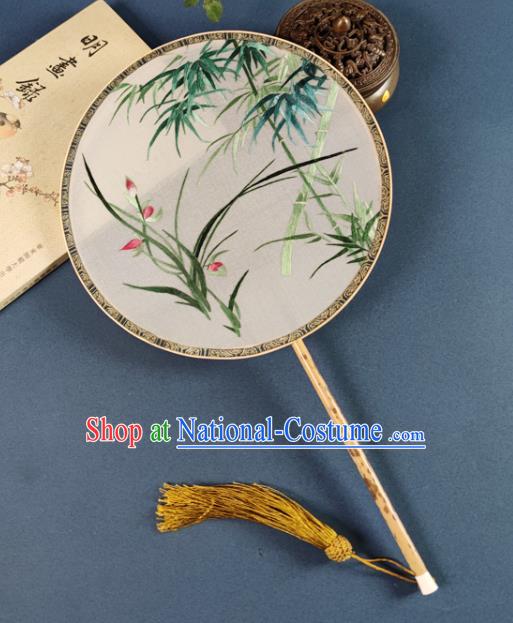 Chinese Silk Fan Handmade Embroidered Orchid Bamboo Palace Fan Traditional Hanfu Circular Fan