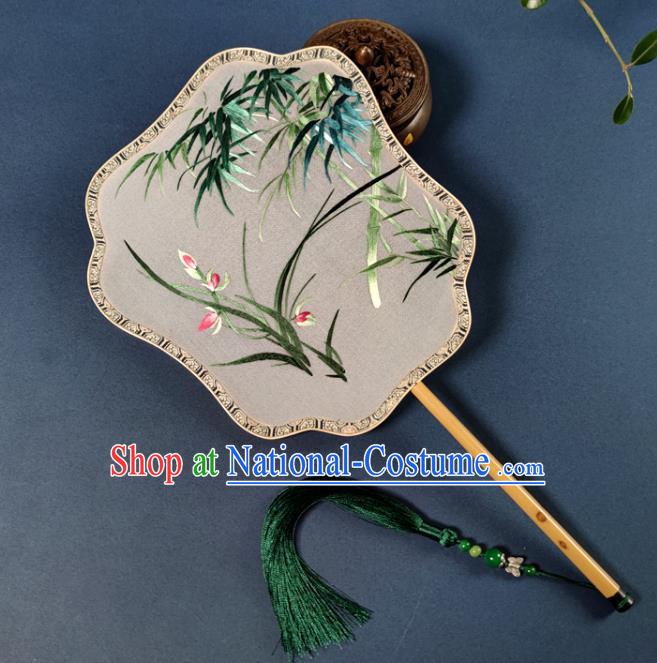 Chinese Classical Dance Silk Fan Traditional Hanfu Fan Handmade Embroidered Orchid Bamboo Palace Fan