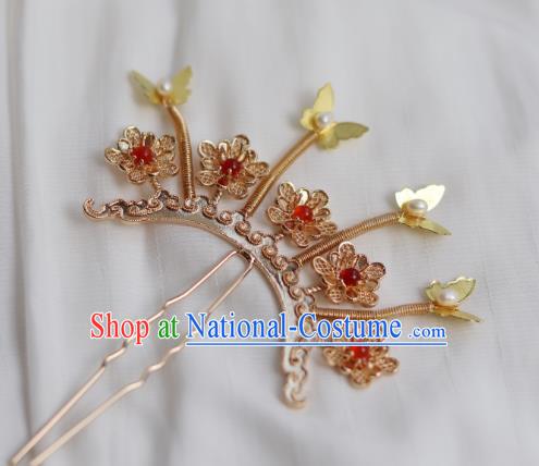 China Ancient Princess Golden Plum Hairpin Traditional Ming Dynasty Butterfly Hair Stick