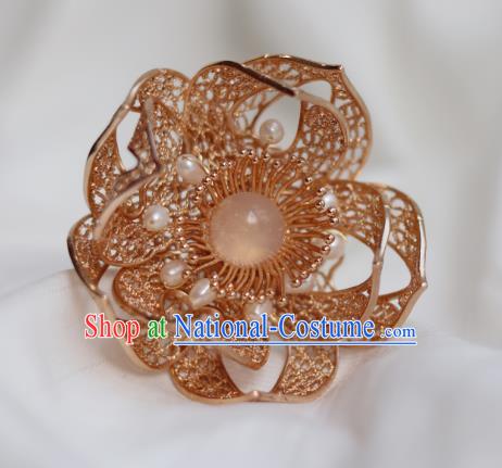 China Ancient Princess Pearls Hairpin Traditional Ming Dynasty Golden Flower Hair Stick