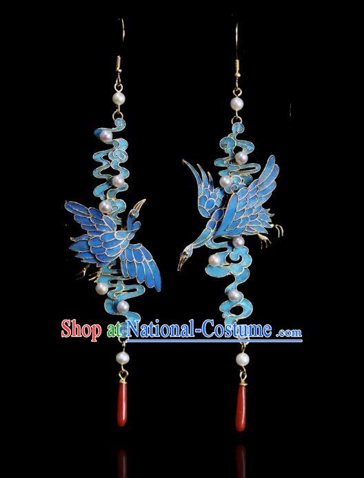 Chinese Ancient Qing Dynasty Court Pearls Ear Accessories Traditional Culture Jewelry Cloisonne Crane Earrings