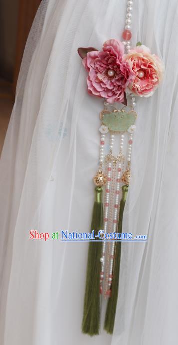 Handmade Chinese Pink Peony Waist Accessories Traditional Pearls Tassel Jade Pendant