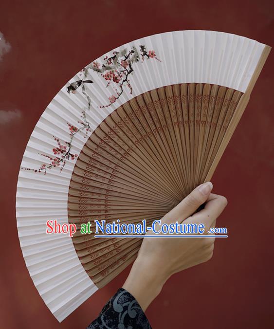 Chinese Hand Painting Plum Bird Folding Fan Traditional Paper Fan Sandalwood Accordion