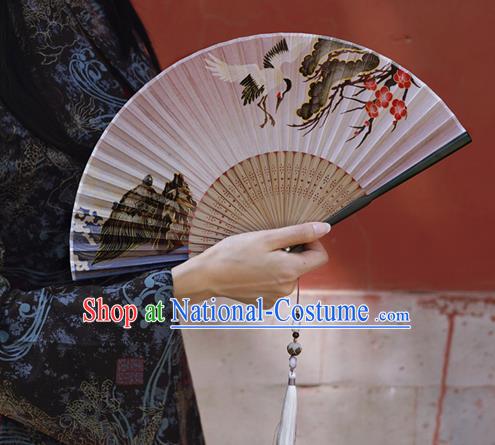 Chinese Traditional Silk Fan Bamboo Accordion Printing Crane Plum Folding Fan