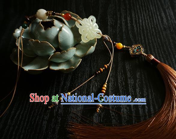 Chinese Classical Brown Tassel Jade Pendant Traditional Hanfu Waist Accessories