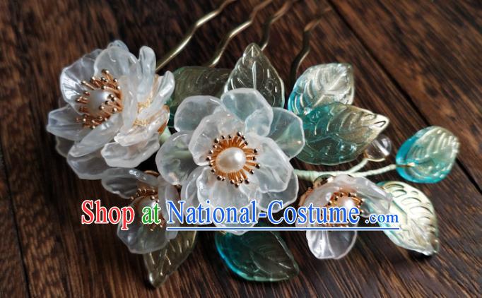 China Ancient Princess Pearls Flowers Hairpin Traditional Ming Dynasty White Gardenia Hair Comb