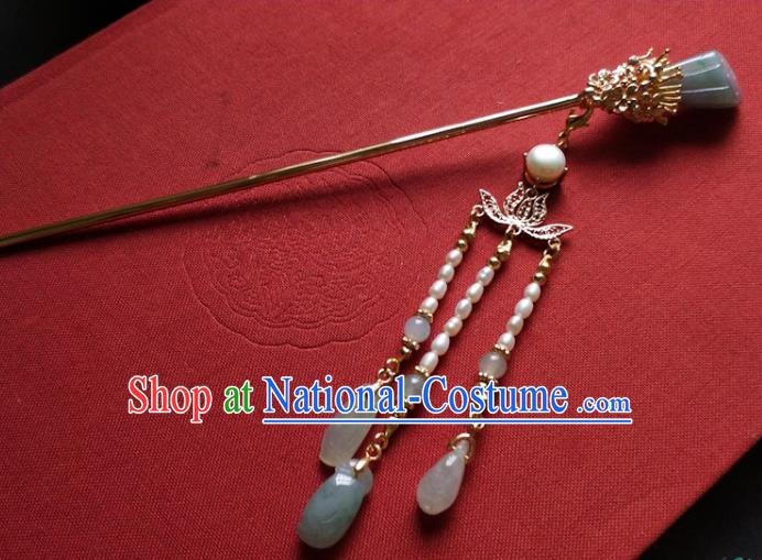 China Ancient Princess Aventurine Hairpin Traditional Ming Dynasty Pearls Tassel Hair Stick