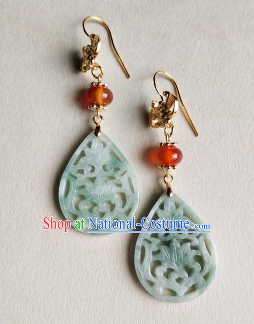 Chinese Traditional Jade Carving Lotus Ear Accessories Handmade Classical Cheongsam Earrings