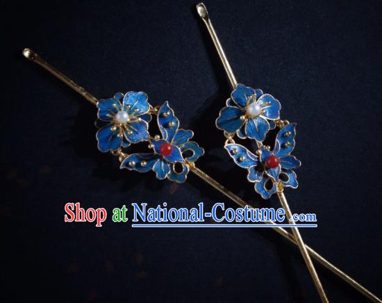 Chinese Qing Dynasty Pearl Hairpin Traditional Hair Jewelry Ancient Empress Blueing Butterfly Hair Stick