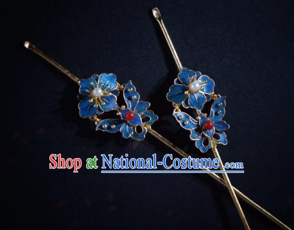 Chinese Qing Dynasty Pearl Hairpin Traditional Hair Jewelry Ancient Empress Blueing Butterfly Hair Stick