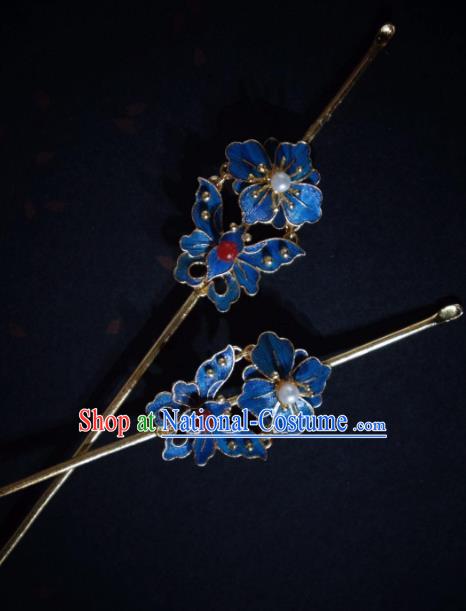 Chinese Qing Dynasty Pearl Hairpin Traditional Hair Jewelry Ancient Empress Blueing Butterfly Hair Stick