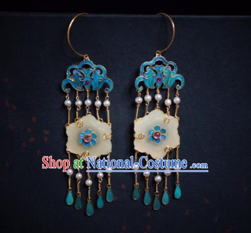 Chinese Jade Plum Blossom Earrings Traditional Culture Jewelry Ancient Qing Dynasty Blueing Ear Accessories