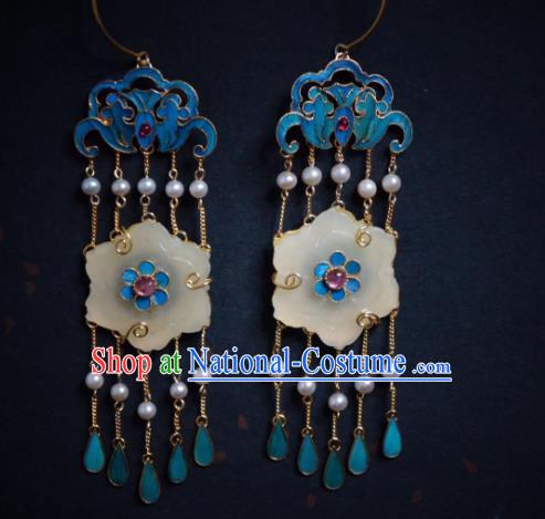 Chinese Jade Plum Blossom Earrings Traditional Culture Jewelry Ancient Qing Dynasty Blueing Ear Accessories