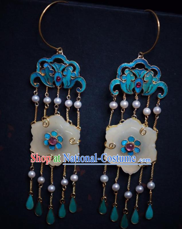 Chinese Jade Plum Blossom Earrings Traditional Culture Jewelry Ancient Qing Dynasty Blueing Ear Accessories