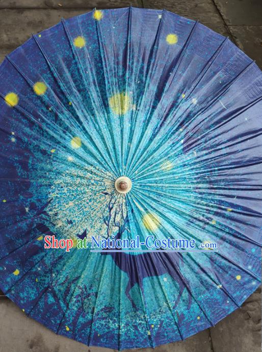 China Classical Printing Deer Umbrella Handmade Dance Umbrellas Craft Traditional Blue Oil Paper Umbrella